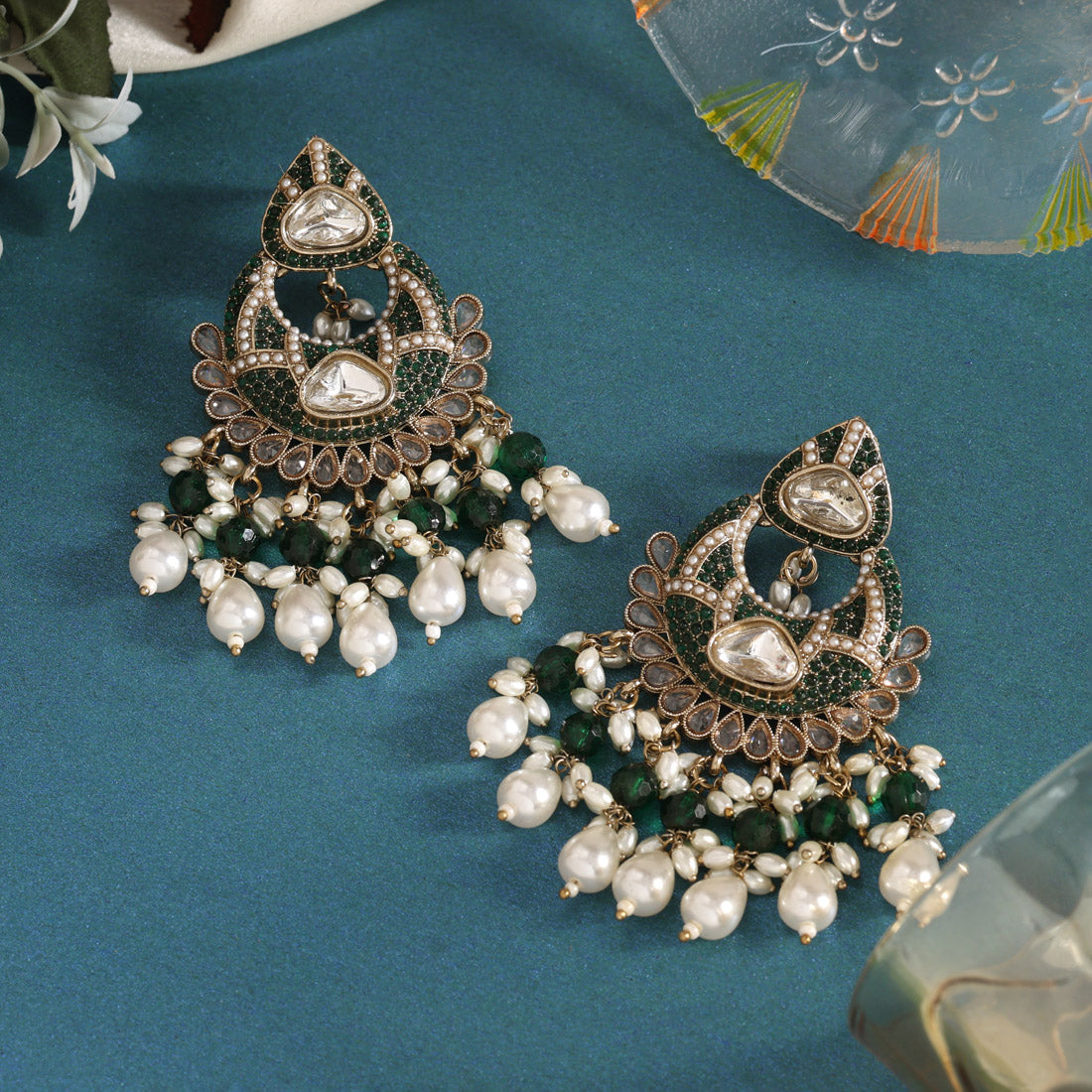 Green Color Pakistani Kundan Earrings (KDE1017GRN) - Preyans.com