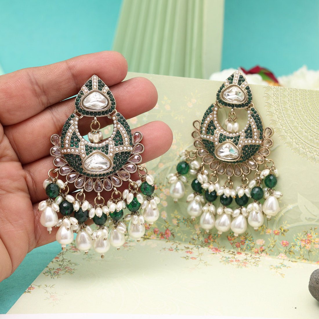 Green Color Pakistani Kundan Earrings (KDE1017GRN) - Preyans.com