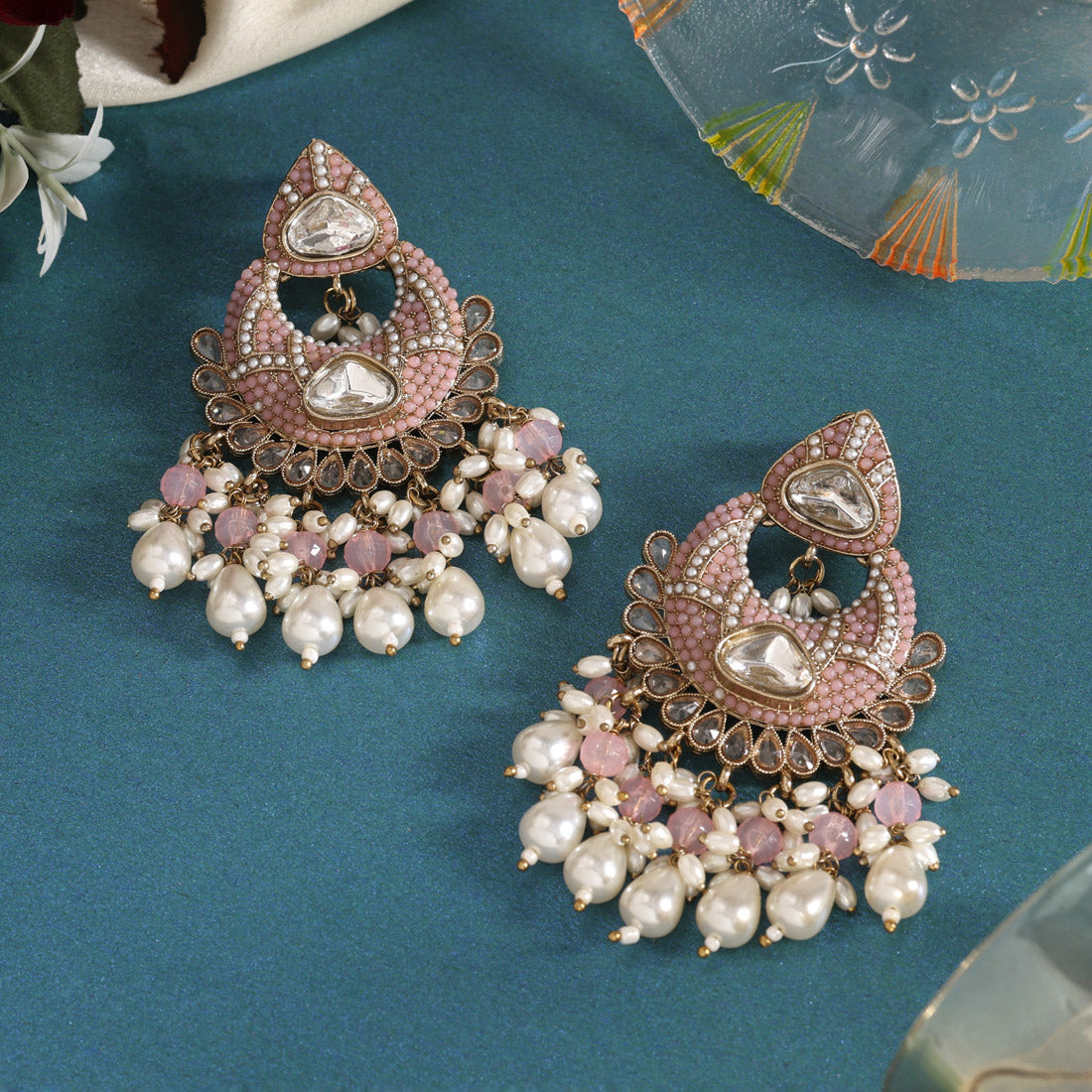 Light Pink Color Pakistani Kundan Earrings (KDE1017LPNK) - Preyans.com