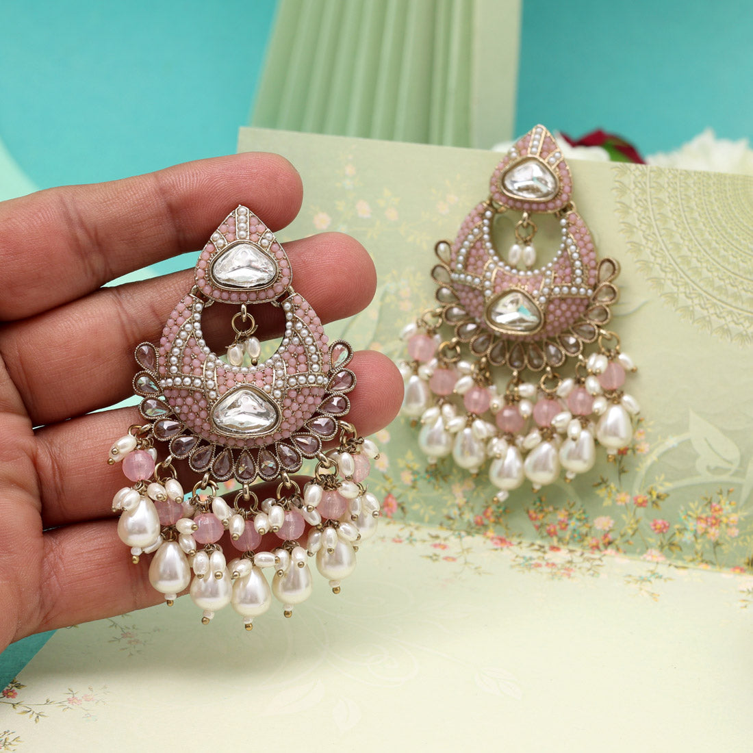 Light Pink Color Pakistani Kundan Earrings (KDE1017LPNK) - Preyans.com