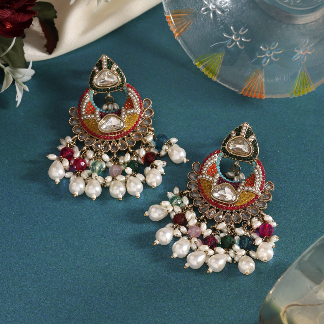 Multi Color Pakistani Kundan Earrings (KDE1017MLT) - Preyans.com