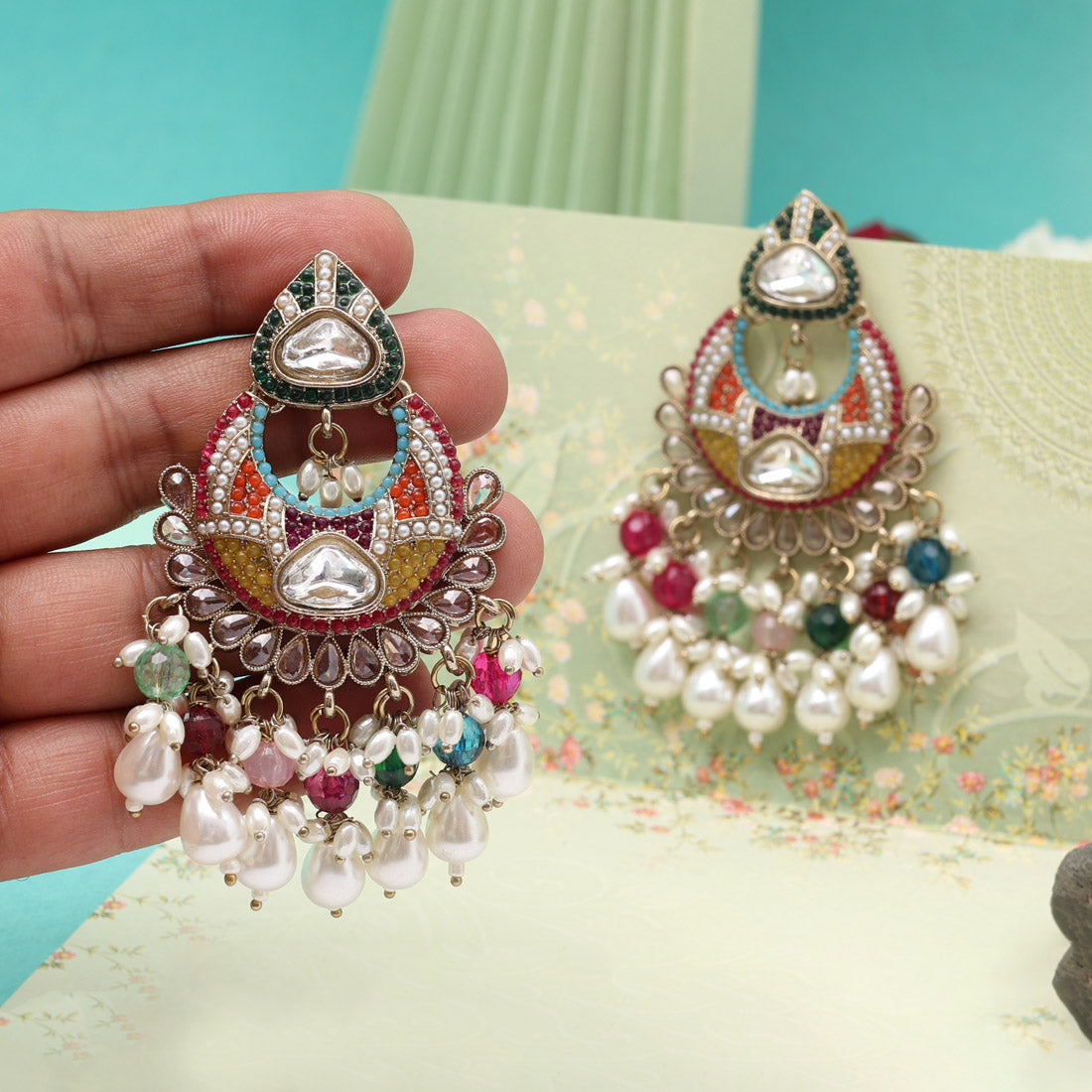 Multi Color Pakistani Kundan Earrings (KDE1017MLT) - Preyans.com