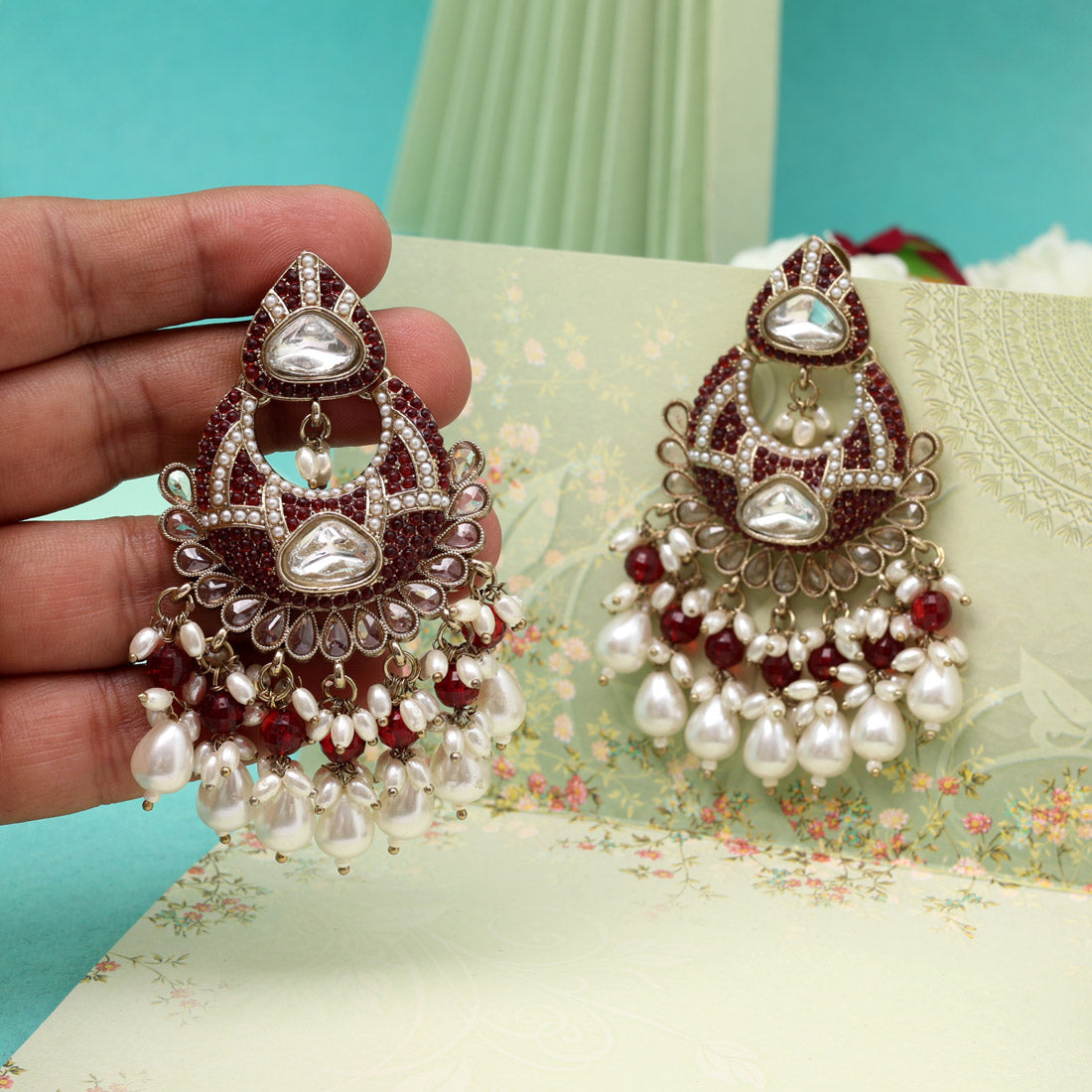 Maroon Color Pakistani Kundan Earrings (KDE1017MRN) - Preyans.com