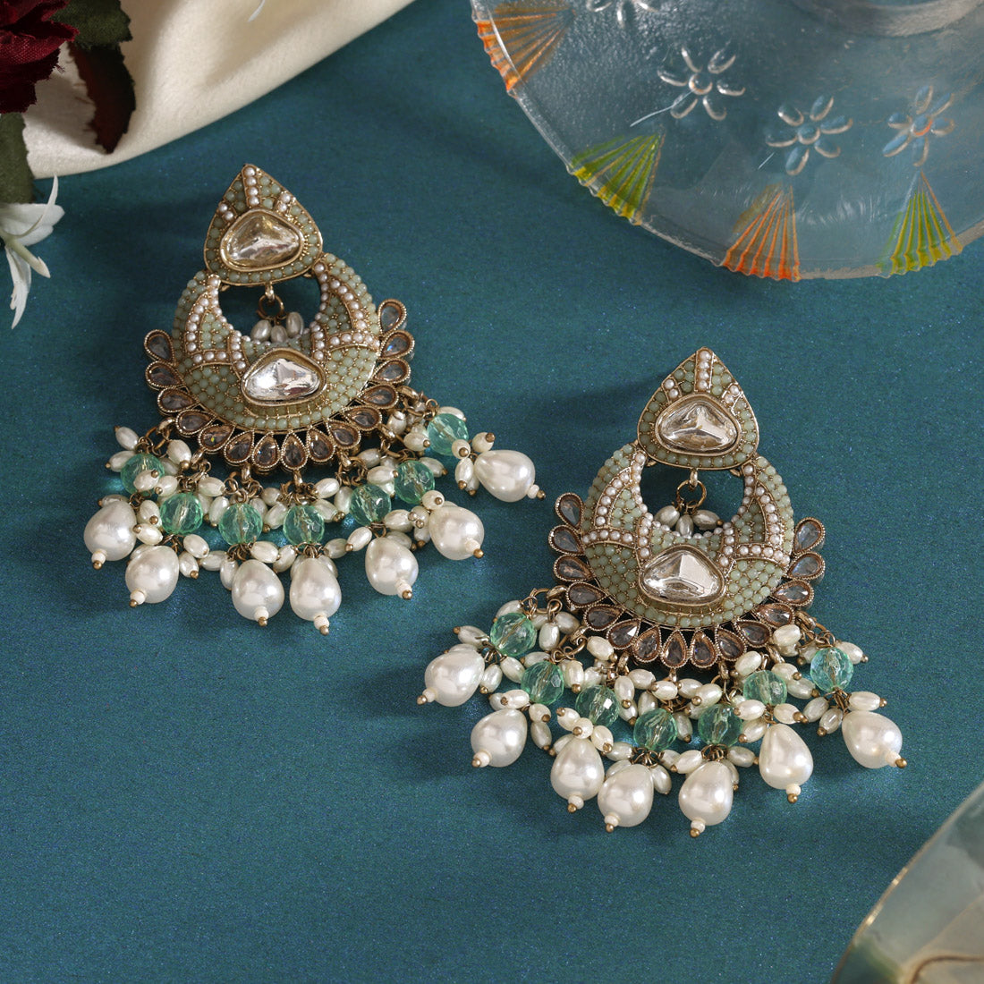 Pista Green Color Pakistani Kundan Earrings (KDE1017PGRN) - Preyans.com