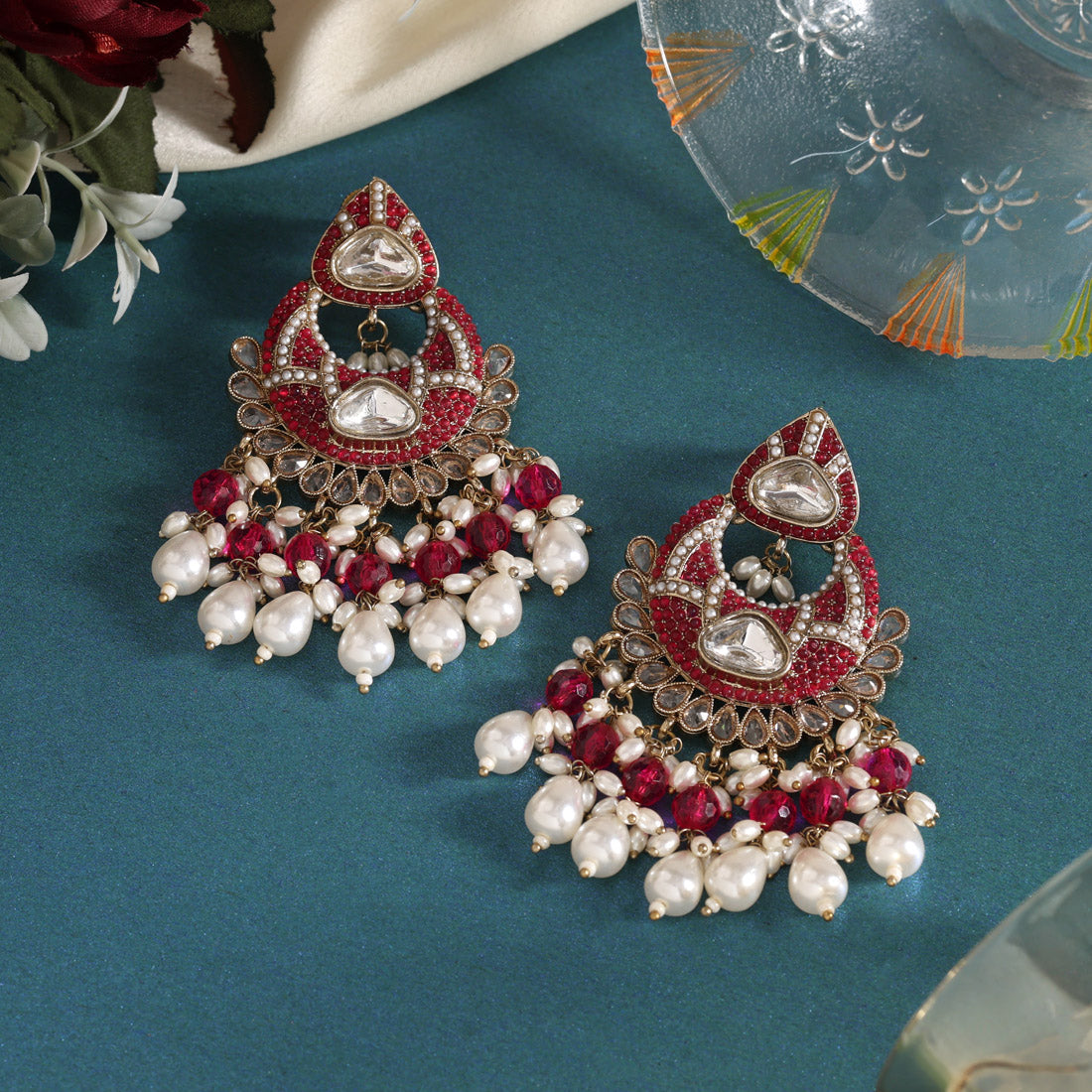 Rani Color Pakistani Kundan Earrings (KDE1017RNI) - Preyans.com