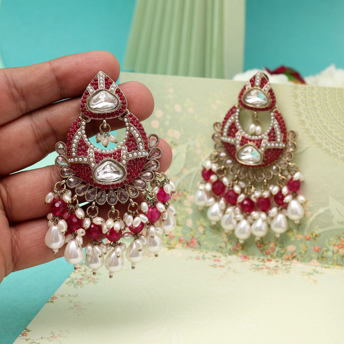 Rani Color Pakistani Kundan Earrings (KDE1017RNI) - Preyans.com