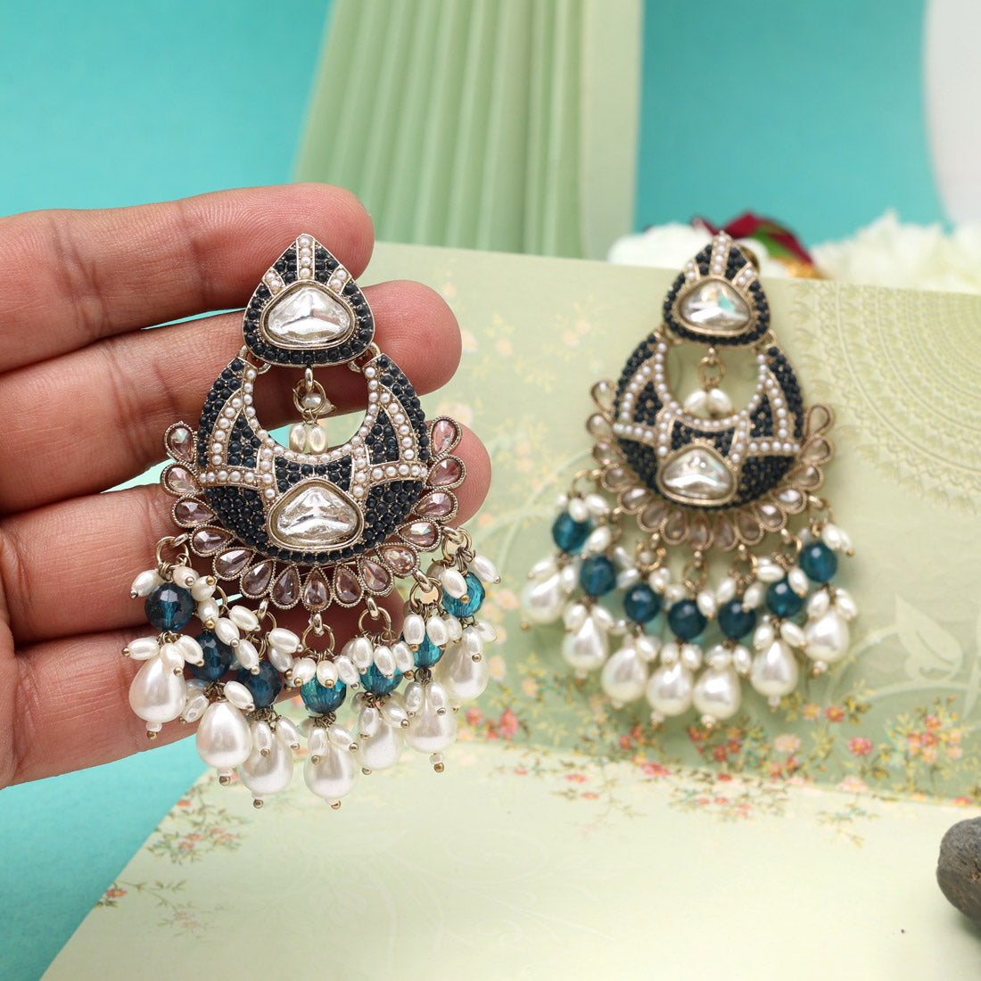 Turquoise Blue Color Pakistani Kundan Earrings (KDE1017TBLU) - Preyans.com