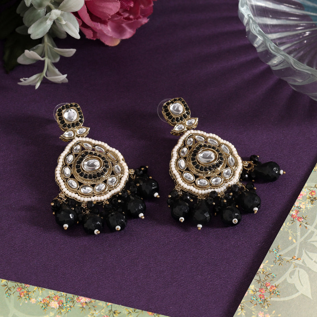 Black Color Kundan Earrings (KDE1018BLK) - Preyans.com