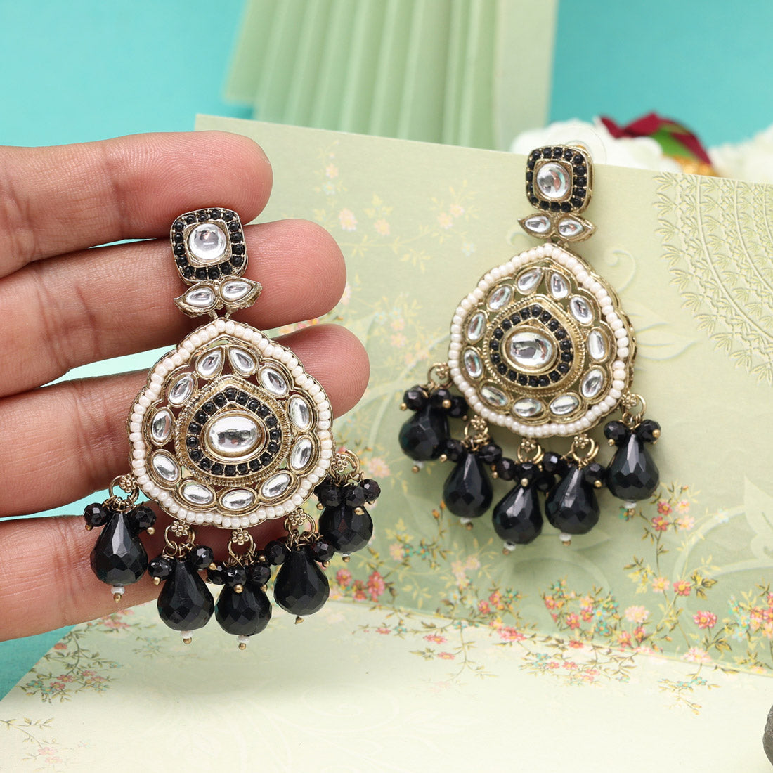 Black Color Kundan Earrings (KDE1018BLK) - Preyans.com