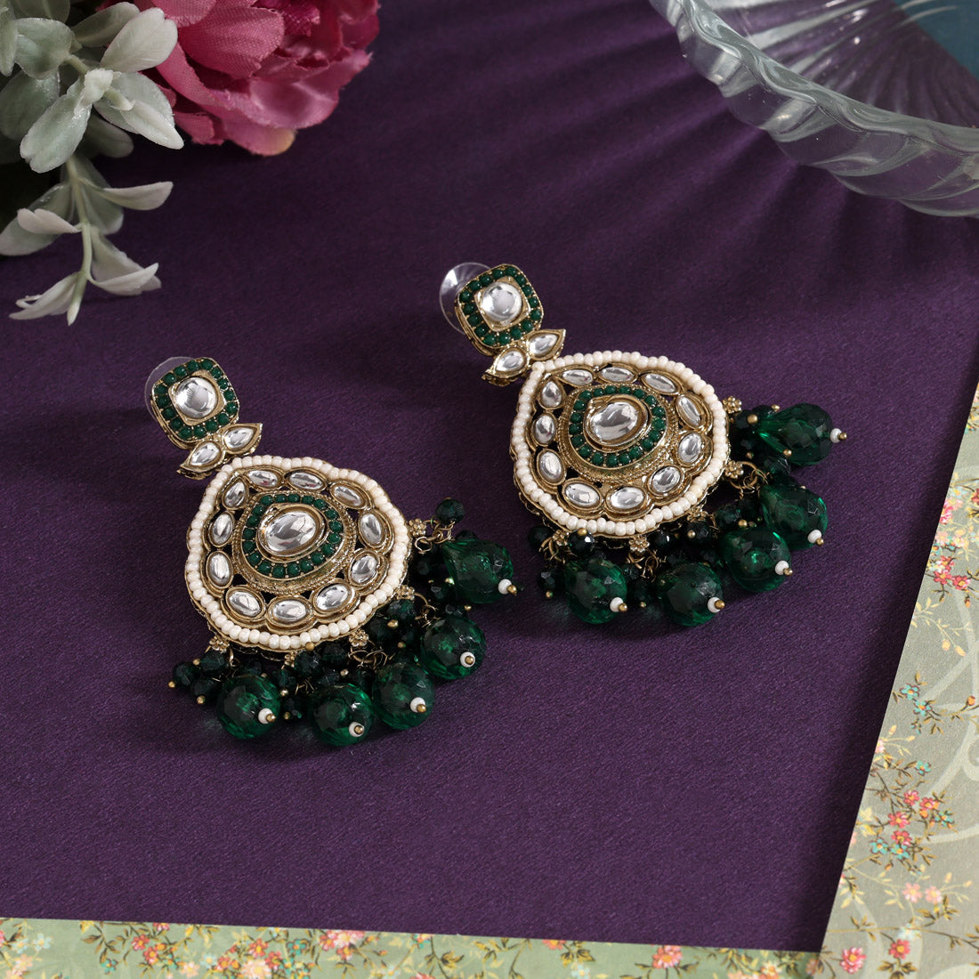 Green Color Kundan Earrings (KDE1018GRN) - Preyans.com