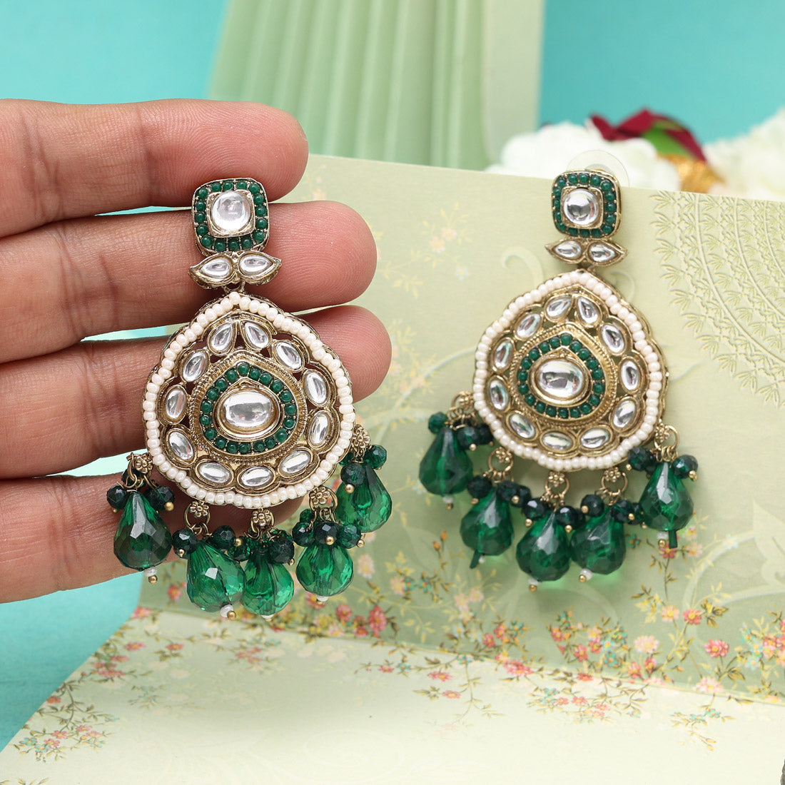 Green Color Kundan Earrings (KDE1018GRN) - Preyans.com