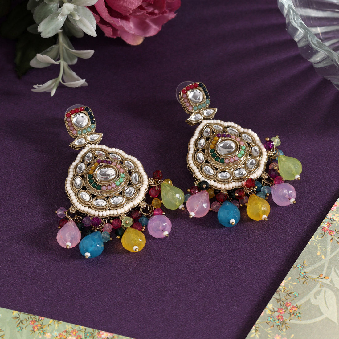 Multi Color Kundan Earrings (KDE1018MLT) - Preyans.com