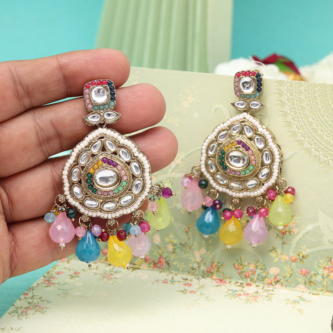 Multi Color Kundan Earrings (KDE1018MLT) - Preyans.com