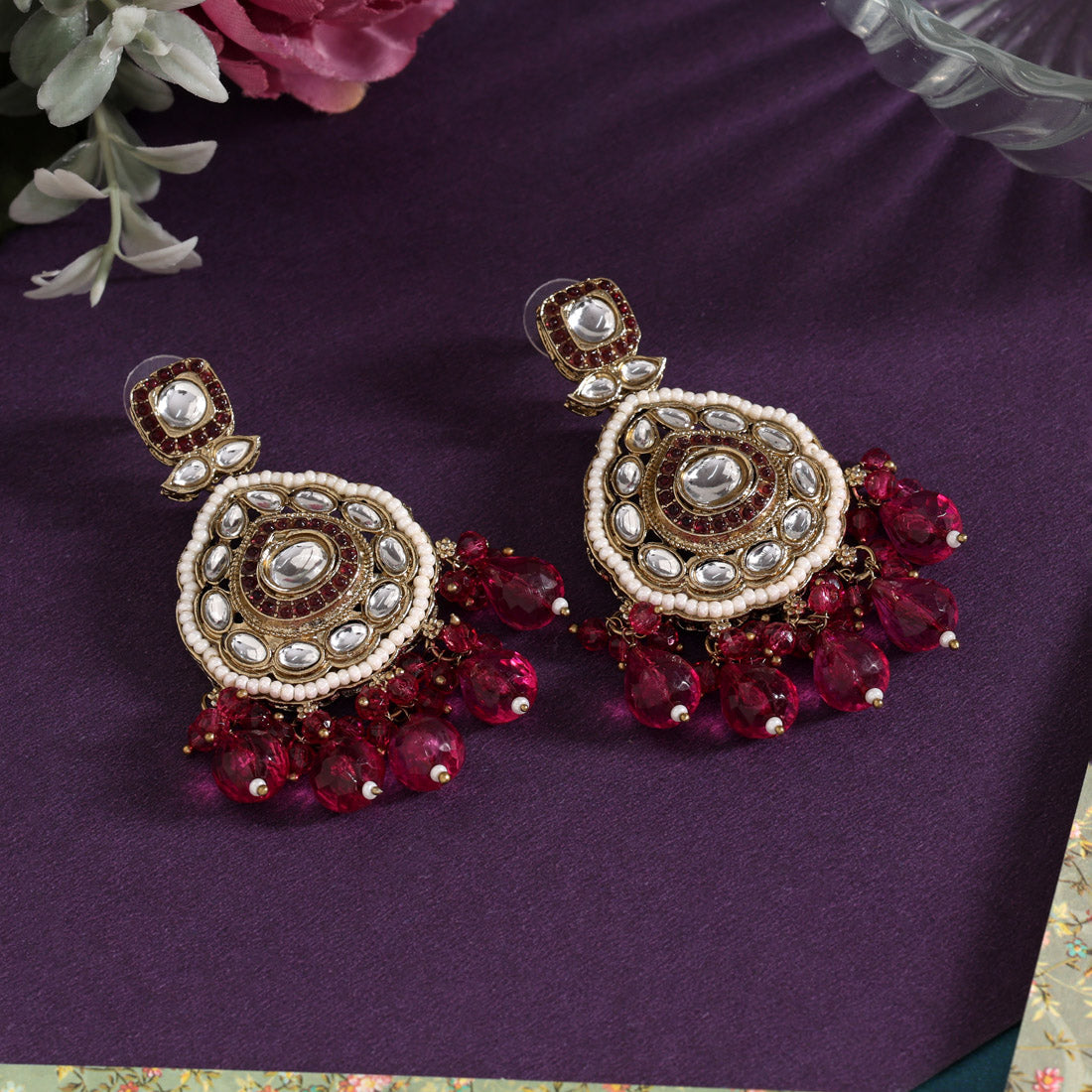 Magenta Color Kundan Earrings (KDE1018MNT) - Preyans.com