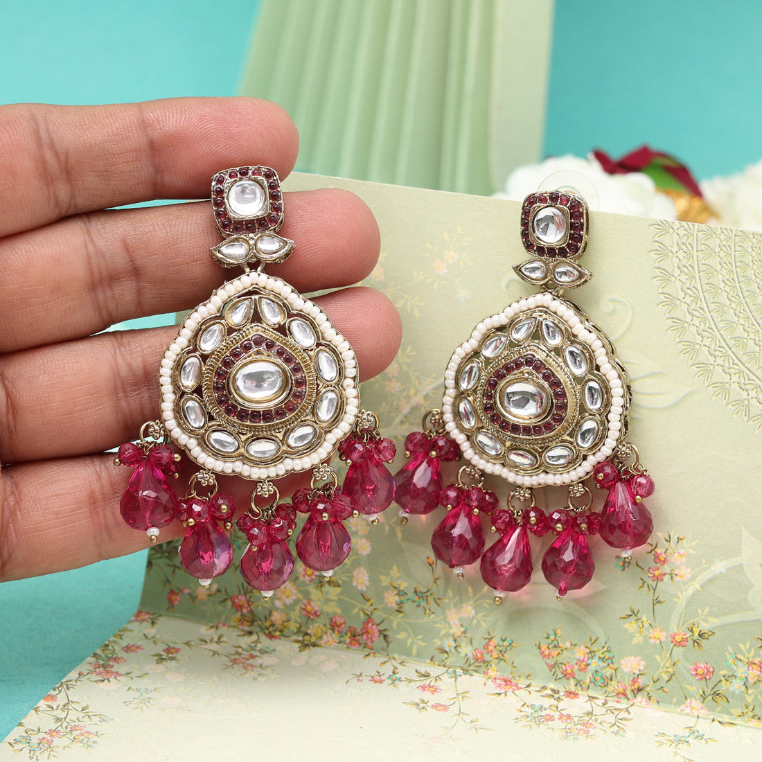 Magenta Color Kundan Earrings (KDE1018MNT) - Preyans.com