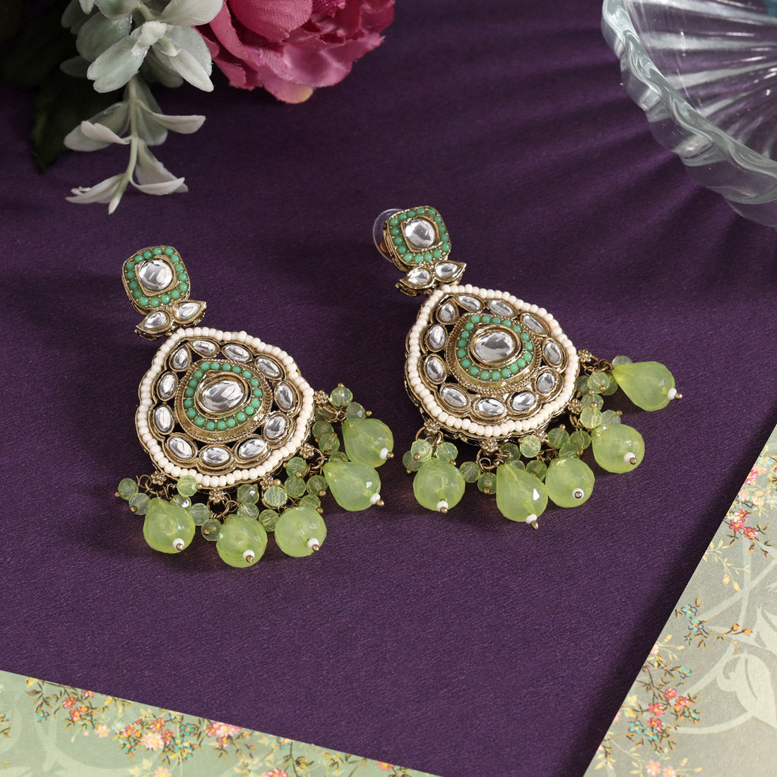 Pista Green Color Kundan Earrings (KDE1018PGRN) - Preyans.com