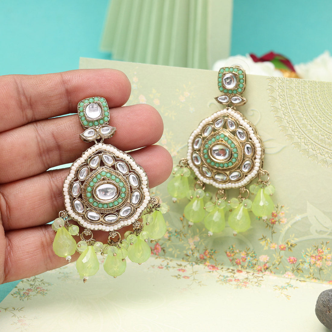 Pista Green Color Kundan Earrings (KDE1018PGRN) - Preyans.com