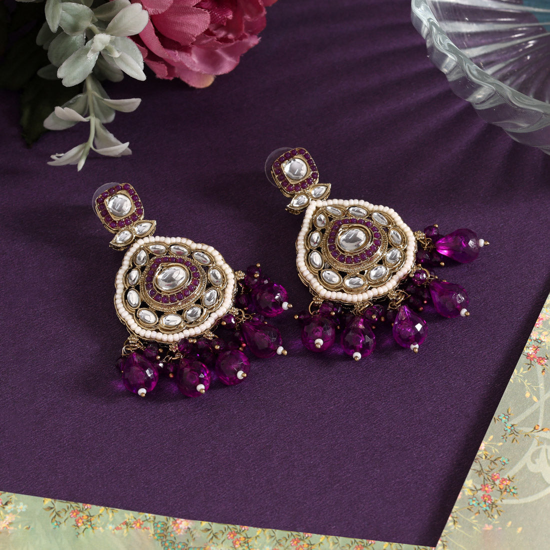 Purple Color Kundan Earrings (KDE1018PRP) - Preyans.com