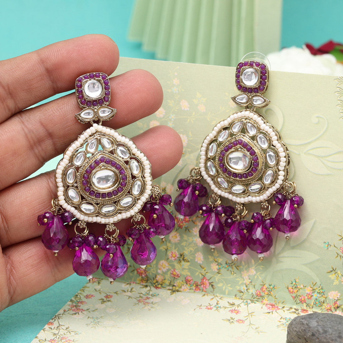 Purple Color Kundan Earrings (KDE1018PRP) - Preyans.com