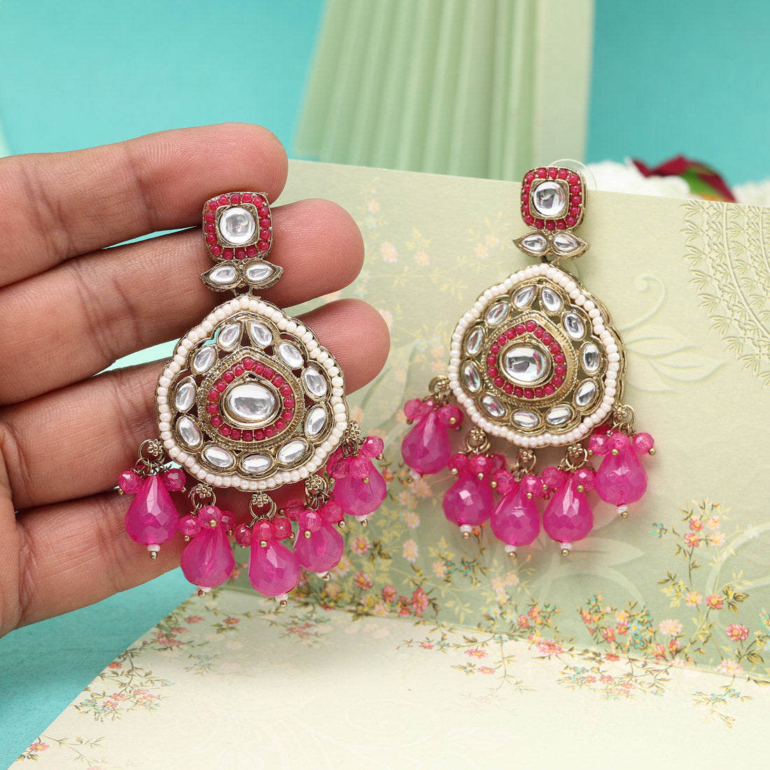 Rani Color Kundan Earrings (KDE1018RNI) - Preyans.com