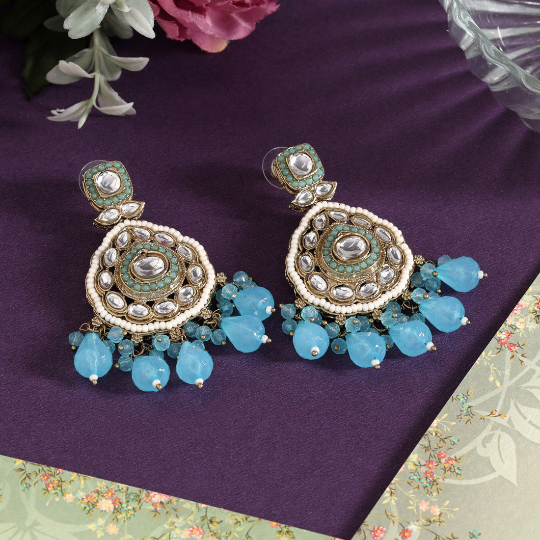 Sky Blue Color Kundan Earrings (KDE1018SBLU) - Preyans.com