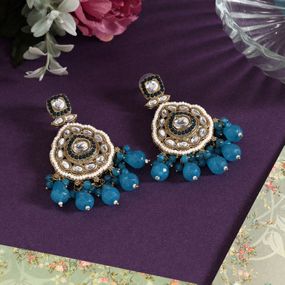 Turquoise Blue Color Kundan Earrings (KDE1018TBLU) - Preyans.com