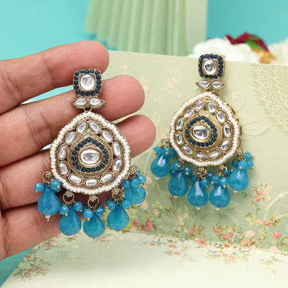 Turquoise Blue Color Kundan Earrings (KDE1018TBLU) - Preyans.com