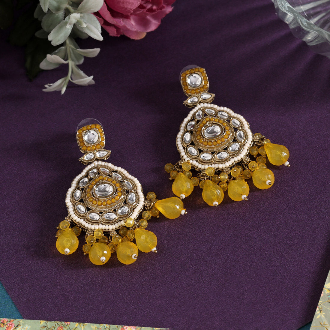 Yellow Color Kundan Earrings (KDE1018YLW) - Preyans.com