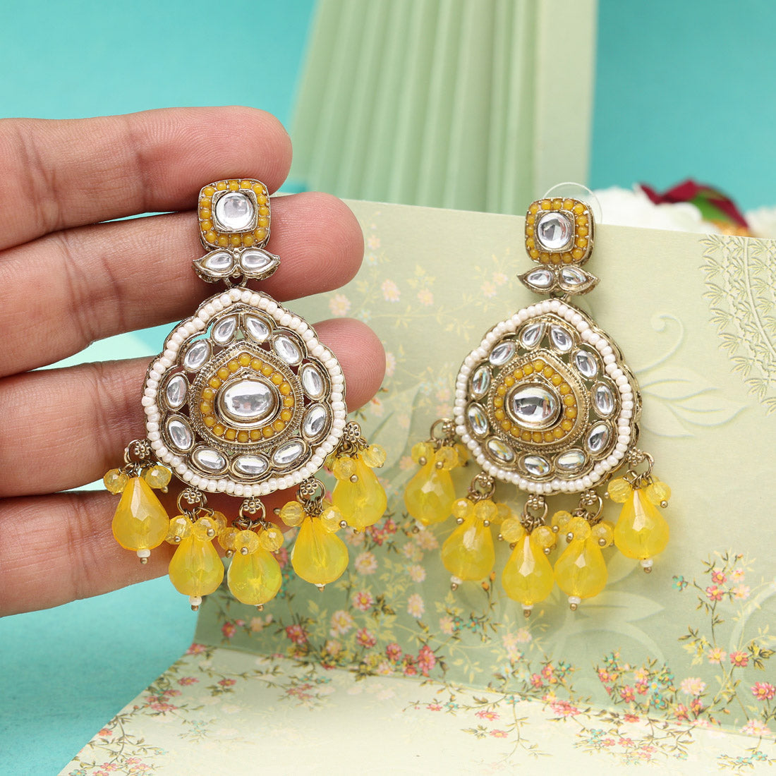 Yellow Color Kundan Earrings (KDE1018YLW) - Preyans.com