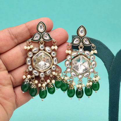 Green Color Kundan Earrings (KDE1019GRN) - Preyans.com