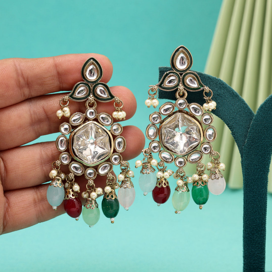 Multi Color Kundan Earrings (KDE1019MLT) - Preyans.com