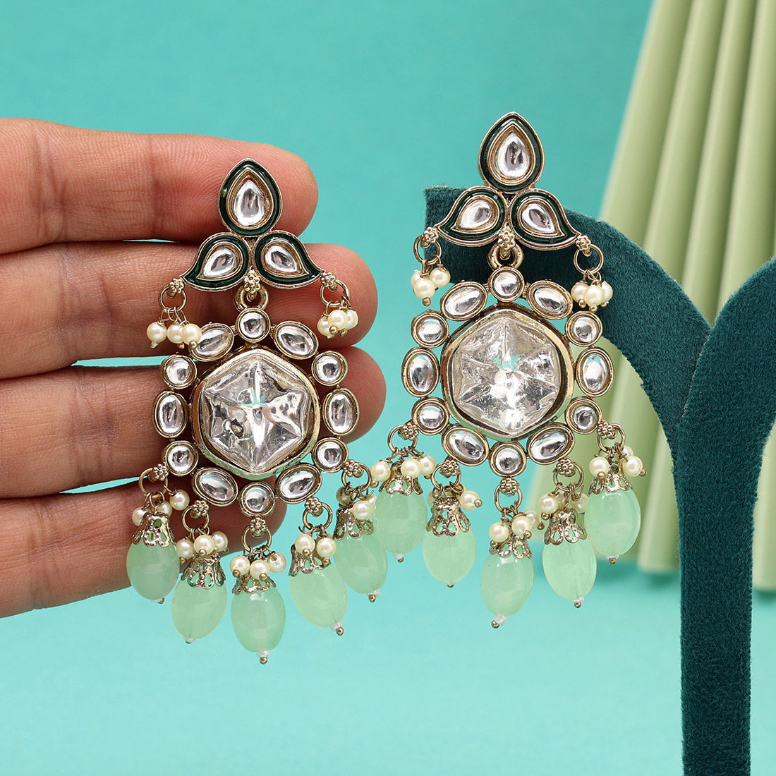 Pista Green Color Kundan Earrings (KDE1019PGRN) - Preyans.com