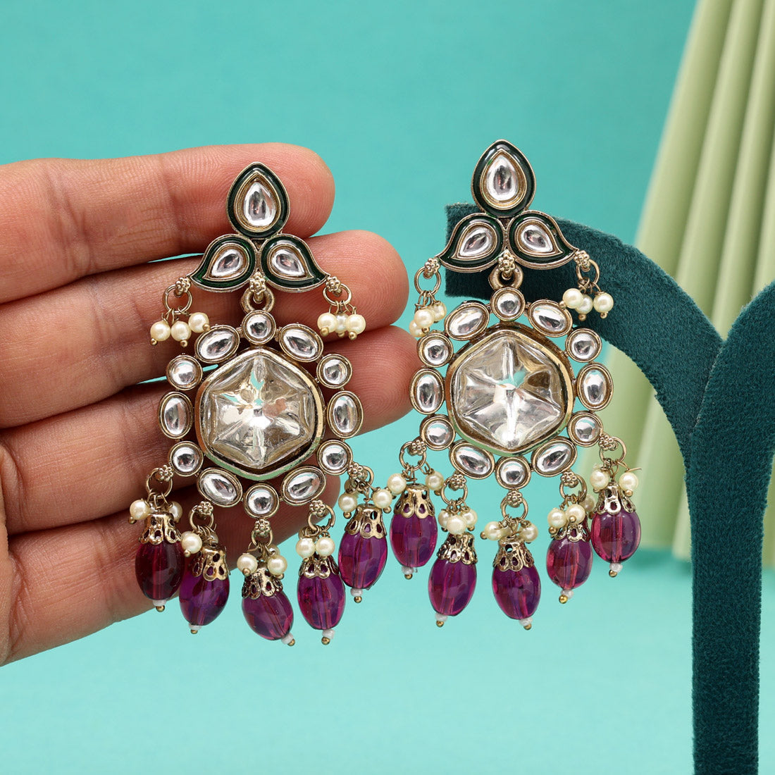 Purple Color Kundan Earrings (KDE1019PRP) - Preyans.com