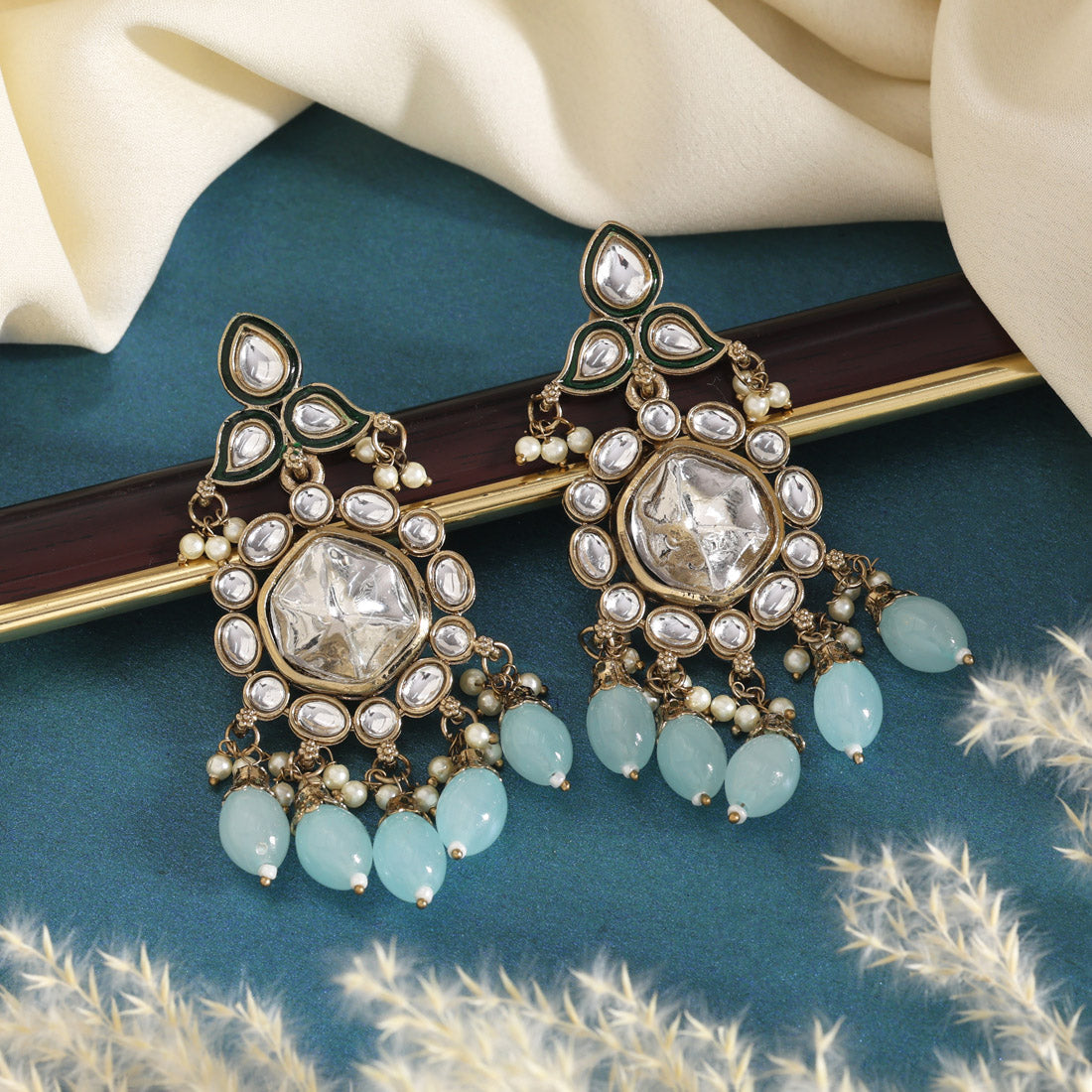 Sky Blue Color Kundan Earrings (KDE1019SBLU) - Preyans.com