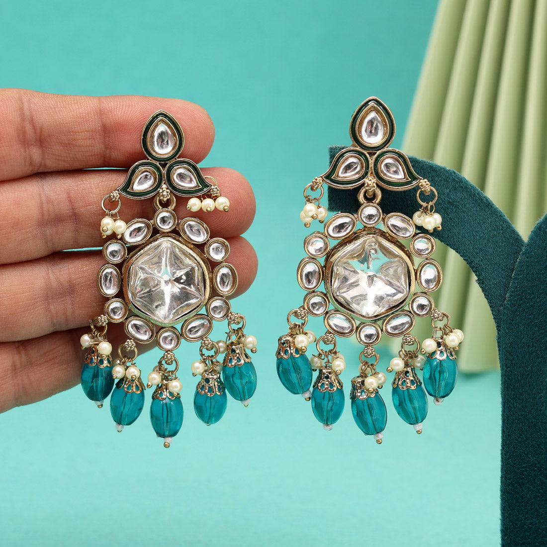 Turquoise Blue Color Kundan Earrings (KDE1019TBLU) - Preyans.com