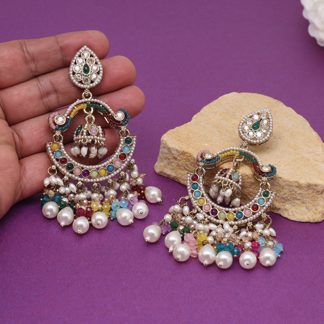 Multi Color Kundan Earrings (KDE1020MLT) - Preyans.com