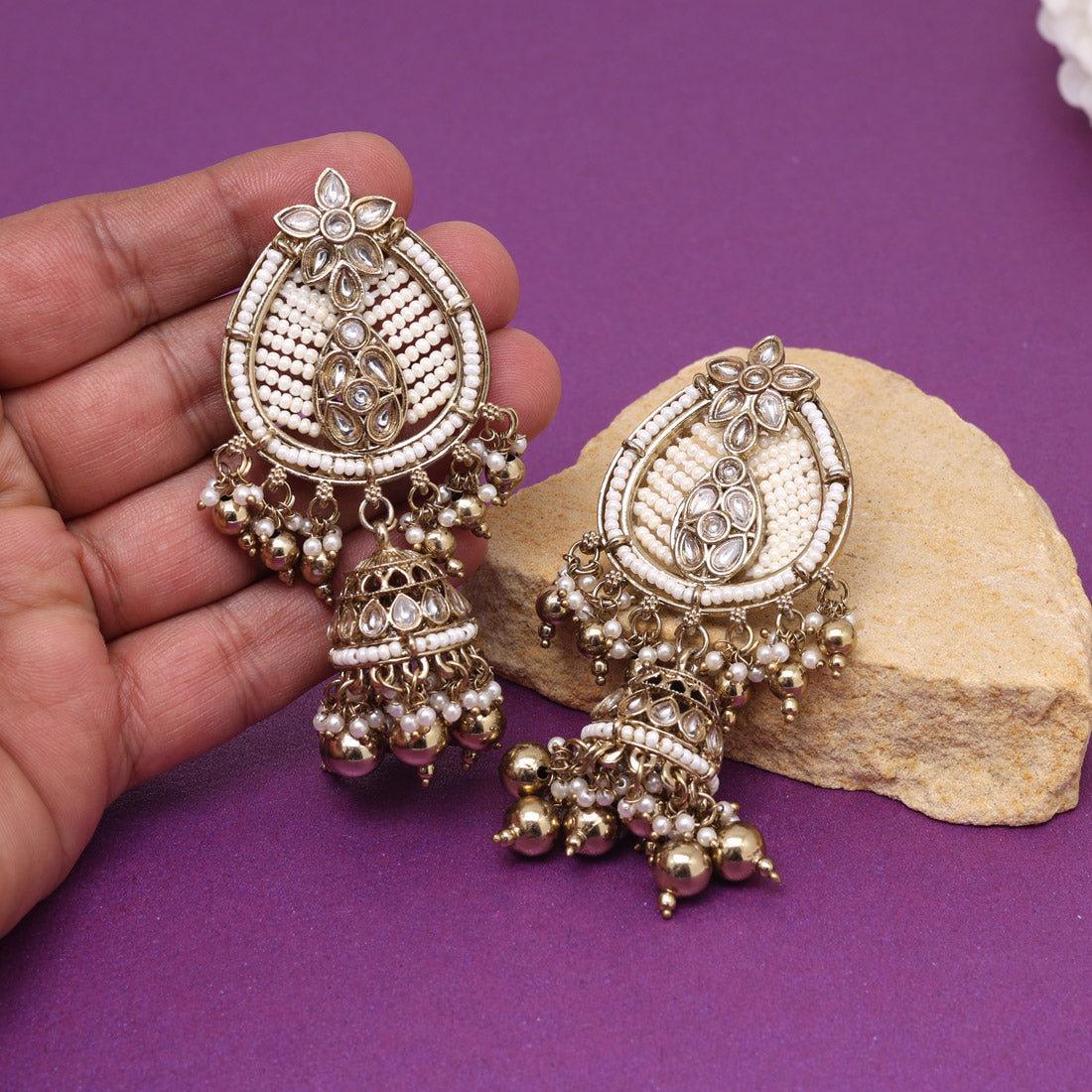 Gold Color Kundan Earrings (KDE1021GLD) - Preyans.com