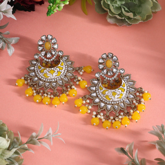 Yellow Color Meena Work Kundan Earrings (KDE1023YLW) - Preyans.com