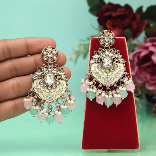 Pink & Sky Blue Color Meena Work Kundan Earrings (KDE1027PNKSBLU) - Preyans.com