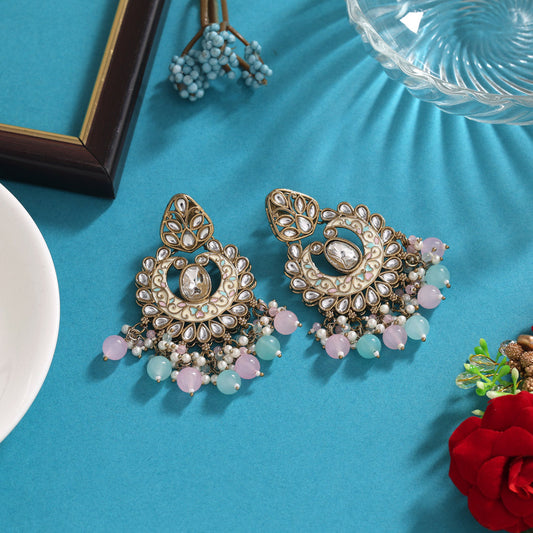 Pink & Sky Blue Color Meena Work Kundan Earrings (KDE1028PNKSBLU) - Preyans.com