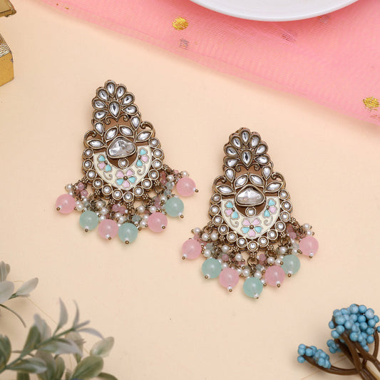 Pink & Sky Blue Color Meena Work Kundan Earrings (KDE1029PNKSBLU) - Preyans.com