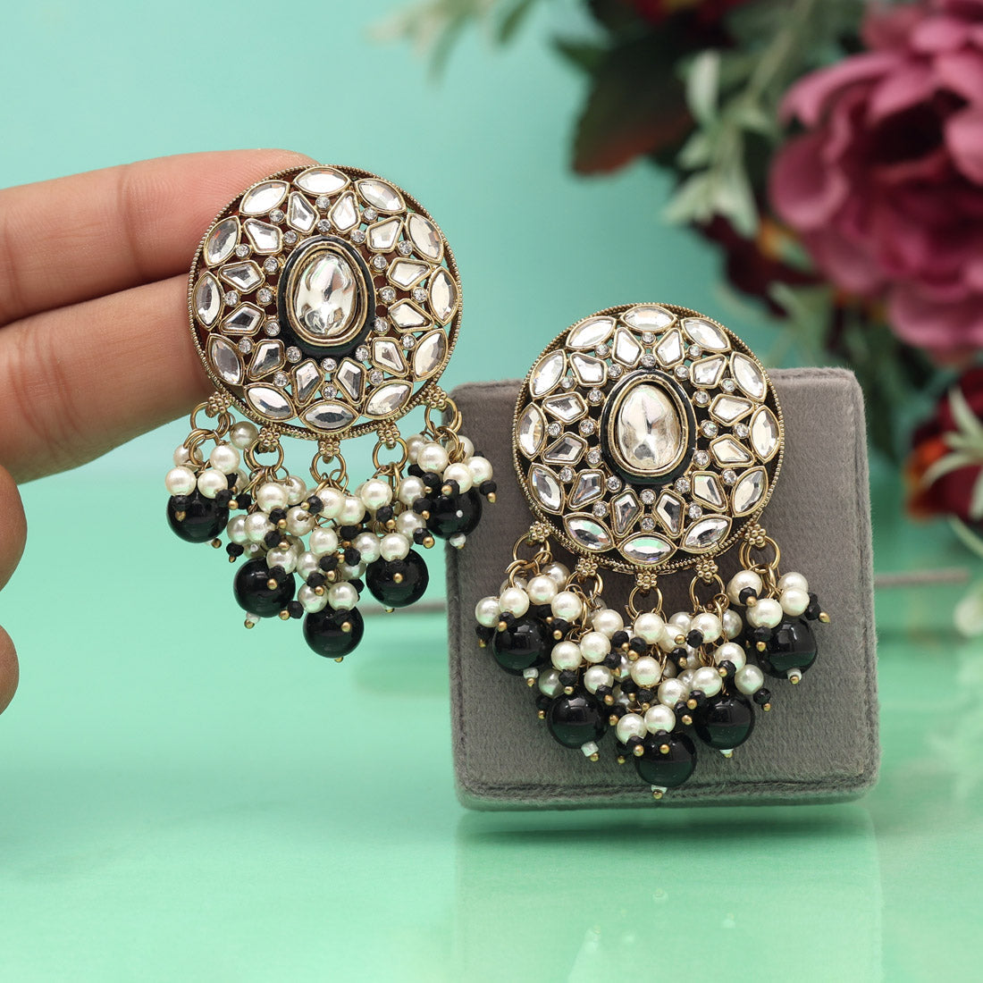 Black Color Meena Work Kundan Earrings (KDE1032BLK) - Preyans.com