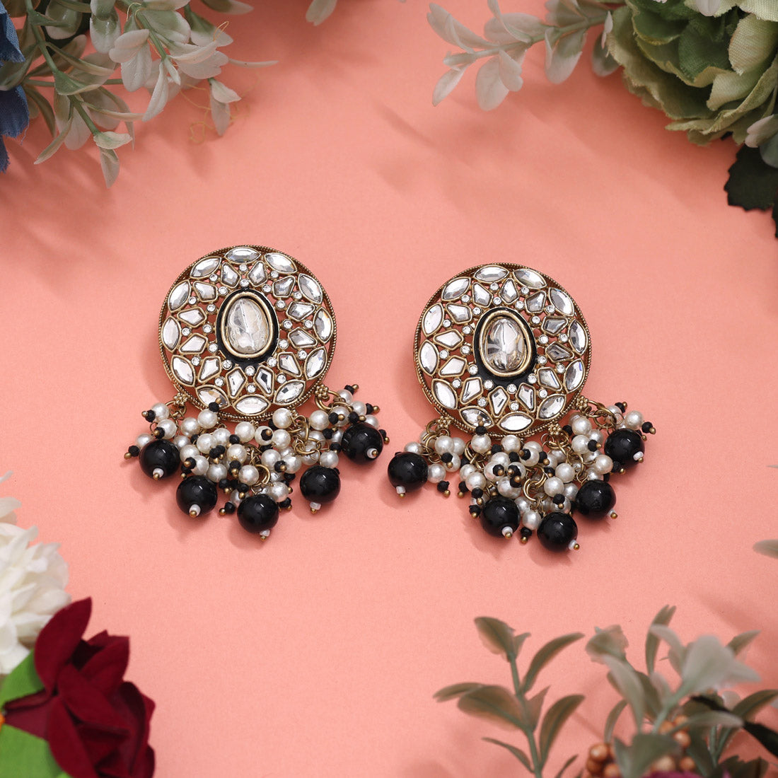 Black Color Meena Work Kundan Earrings (KDE1032BLK) - Preyans.com