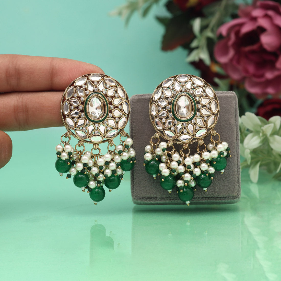 Green Color Meena Work Kundan Earrings (KDE1032GRN) - Preyans.com