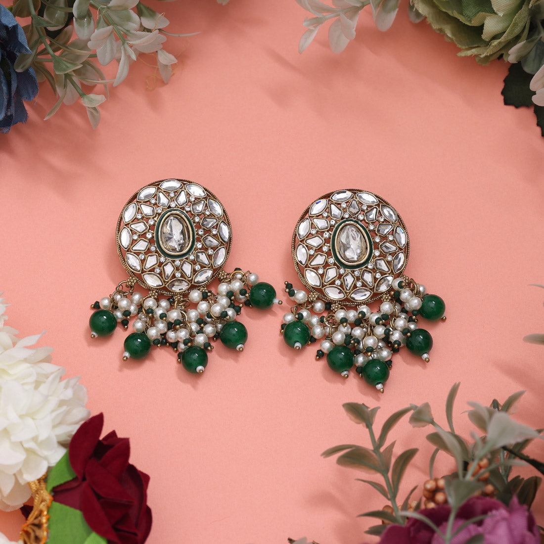 Green Color Meena Work Kundan Earrings (KDE1032GRN) - Preyans.com