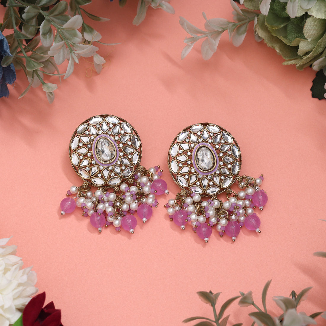 Light Purple Color Meena Work Kundan Earrings (KDE1032LPRP) - Preyans.com