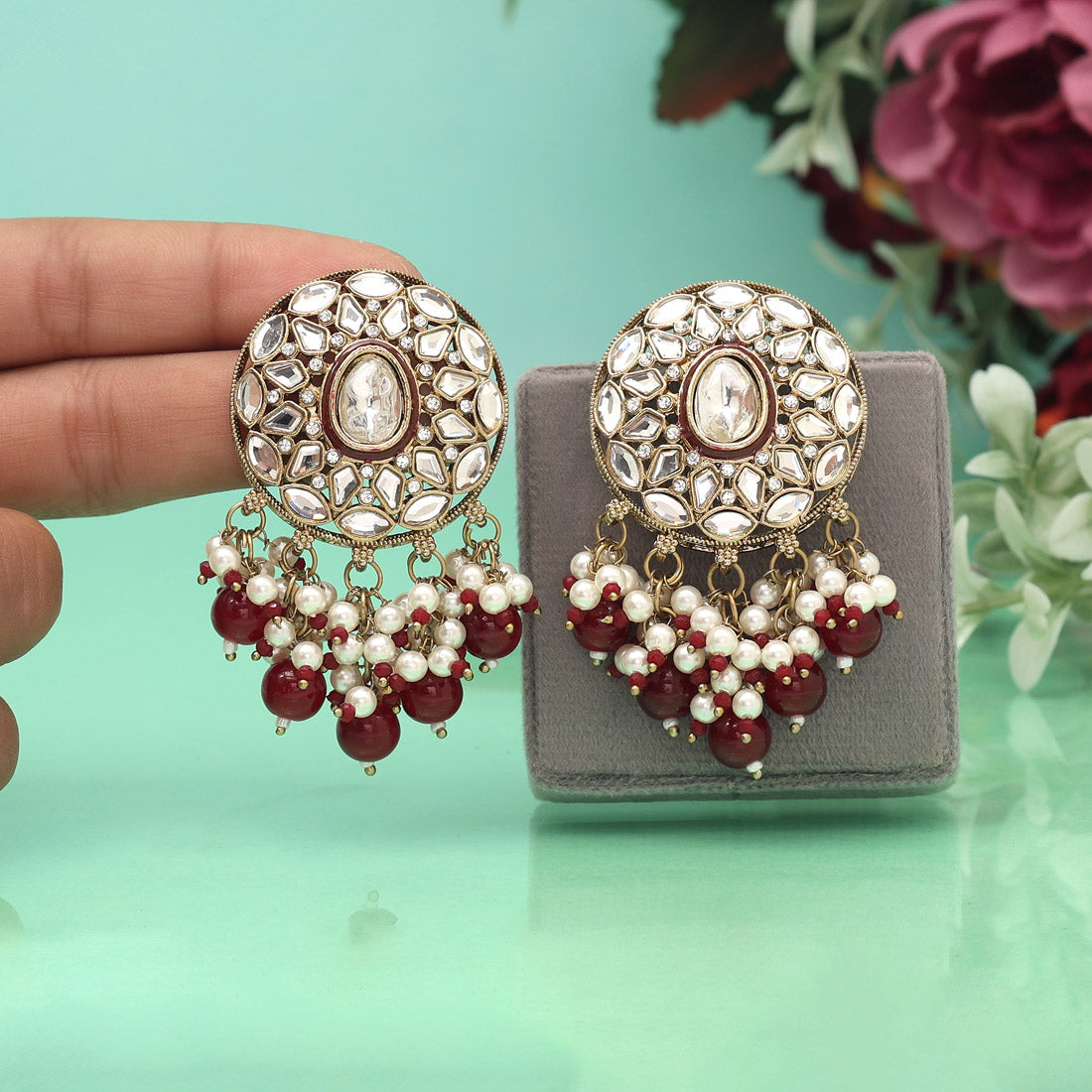 Maroon Color Meena Work Kundan Earrings (KDE1032MRN) - Preyans.com