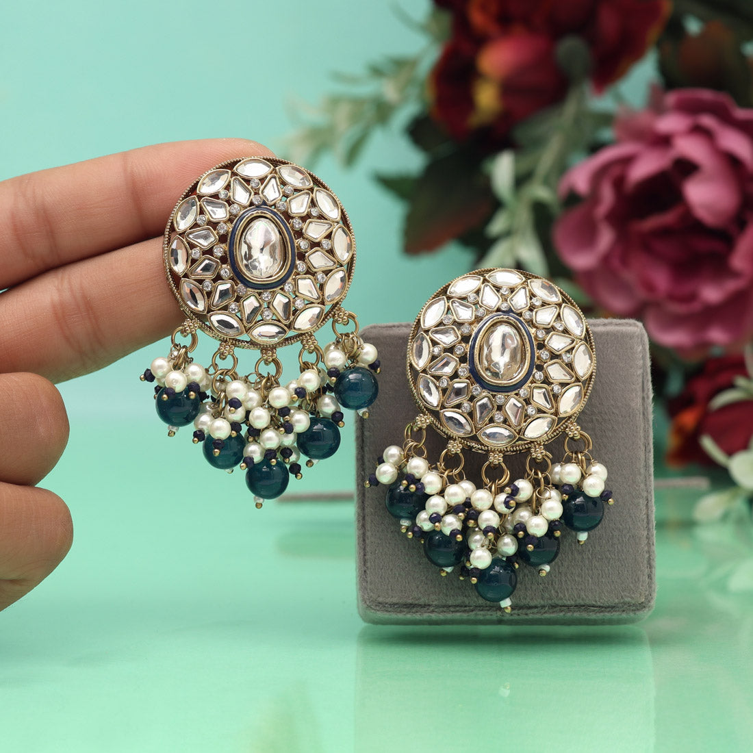 Navy Blue Color Meena Work Kundan Earrings (KDE1032NBLU) - Preyans.com