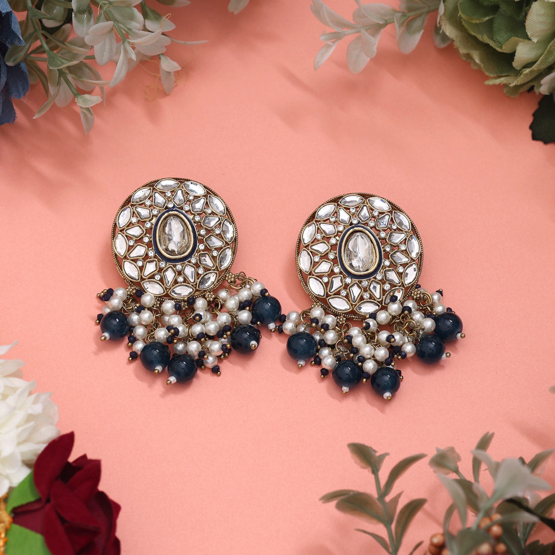 Navy Blue Color Meena Work Kundan Earrings (KDE1032NBLU) - Preyans.com