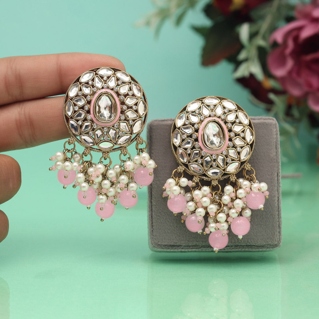 Pink Color Meena Work Kundan Earrings (KDE1032PNK) - Preyans.com